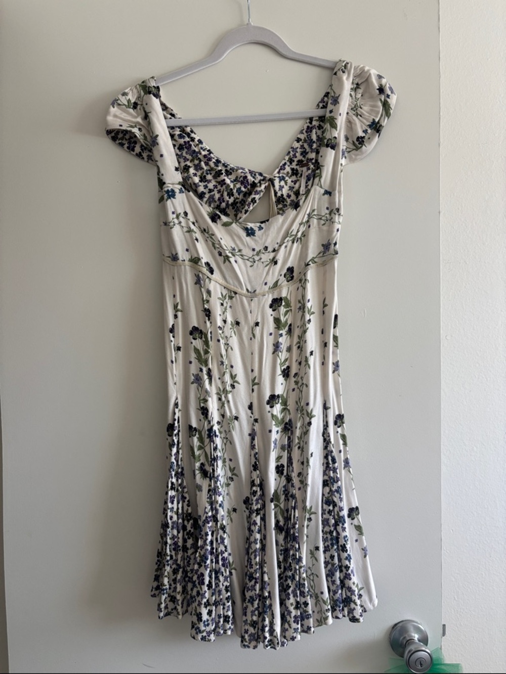 Free People Cream Floral Mini Dress with Blue and Green Print